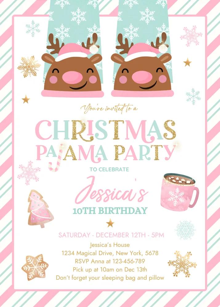 Christmas Pajama Birthday Party Invitation | Pink Gold Slumber Party Canva