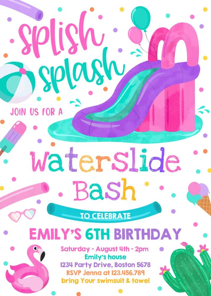 Waterslide Birthday Invitation | Pink Summer Pool Party Canva Template