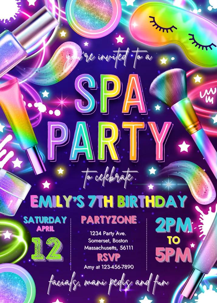 Neon Glow Spa Makeup Birthday Invitation | Editable Canva Template
