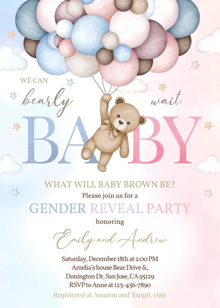 Teddy Bear Gender Reveal Invite | Editable Canva Baby Shower Template
