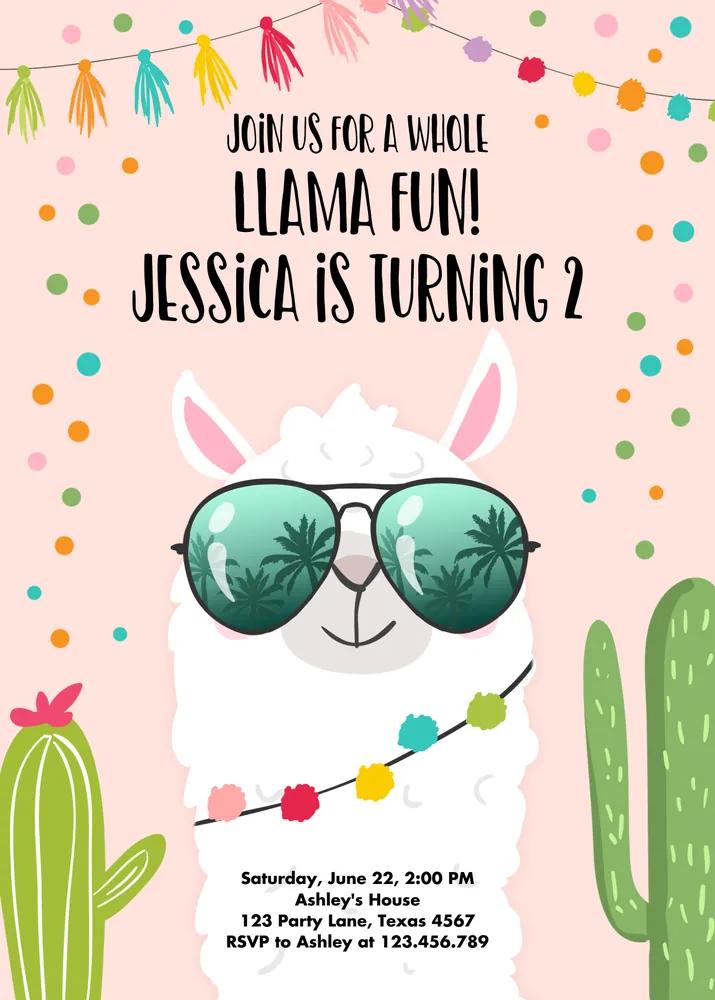Pink Llama Birthday Invitation | Editable Canva Template Fiesta Girl