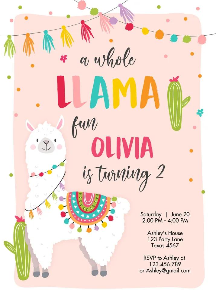 Llama Birthday Invitation Pink Cactus Alpaca Girl Canva Template