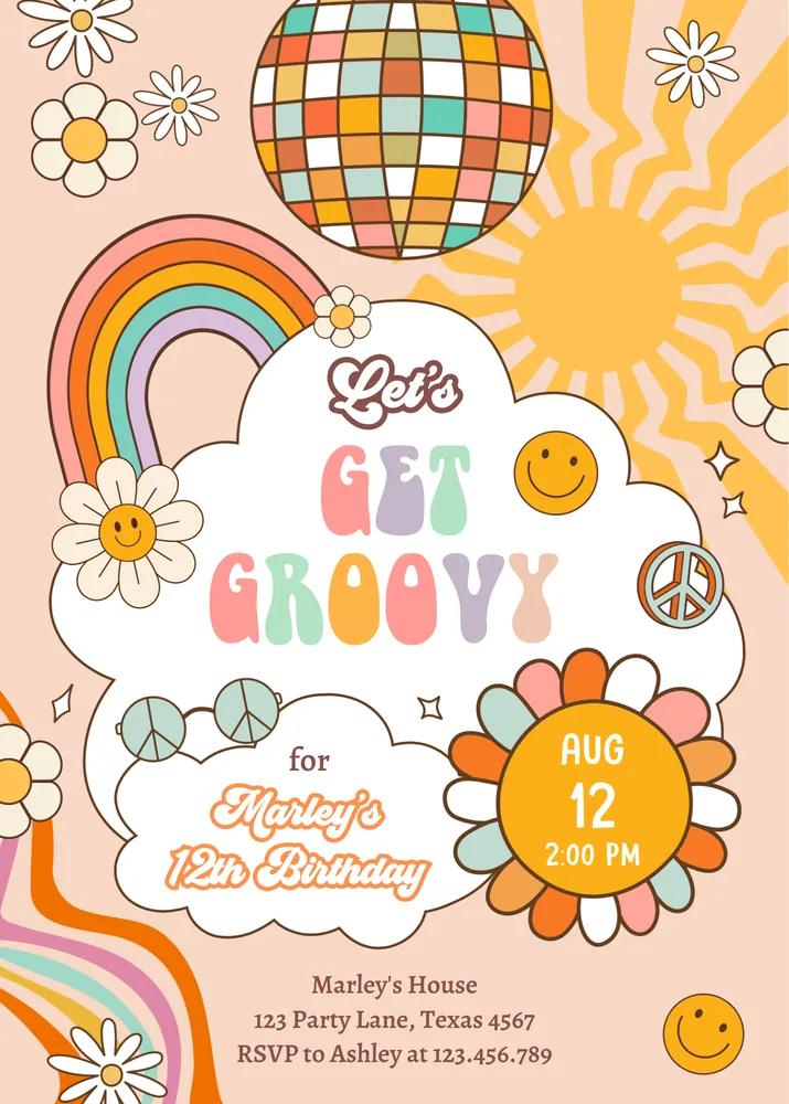 Groovy Birthday Invitation | Boho Retro Flower Power Canva Template
