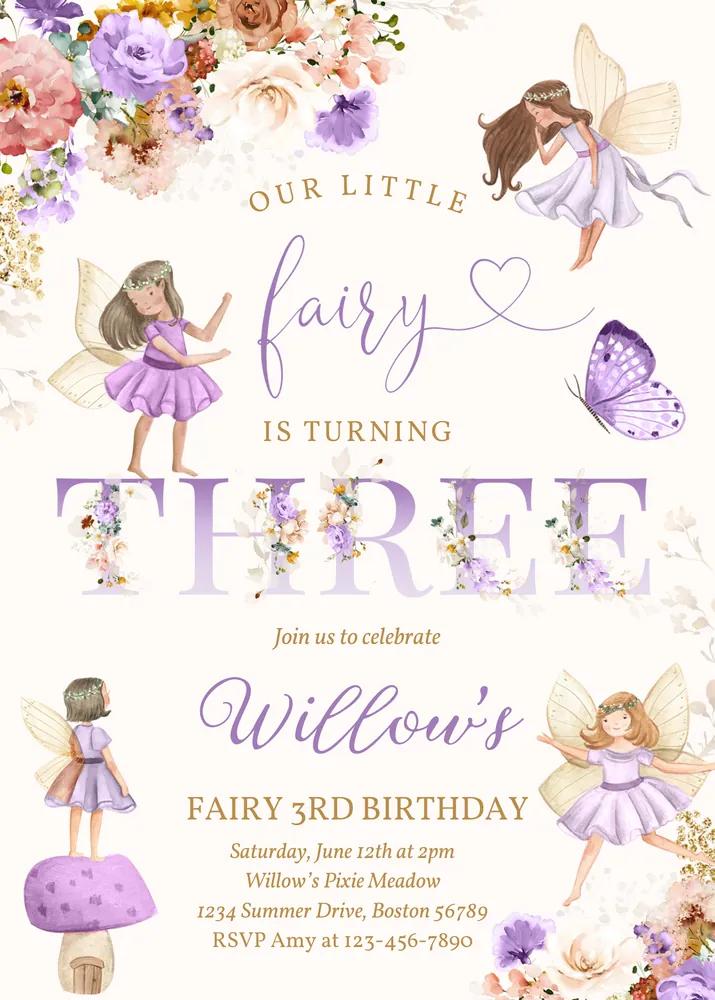 Whimsical Violet Wildflower Fairy 3rd Birthday Invitation Canva Template