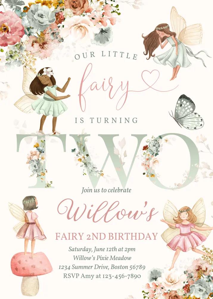 Whimsical Fairy 2nd Birthday Invitation Canva Template | Floral Wildflower