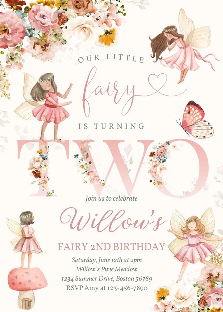 Whimsical Wildflower Fairy 2nd Birthday Invitation Canva Template