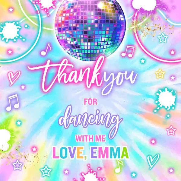 Editable Tie Dye Neon Dance Party Favor Tags - Disco Birthday Canva Template