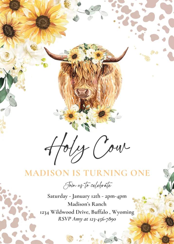 Sunflower Highland Cow 1st Birthday Invitation Editable Canva Template