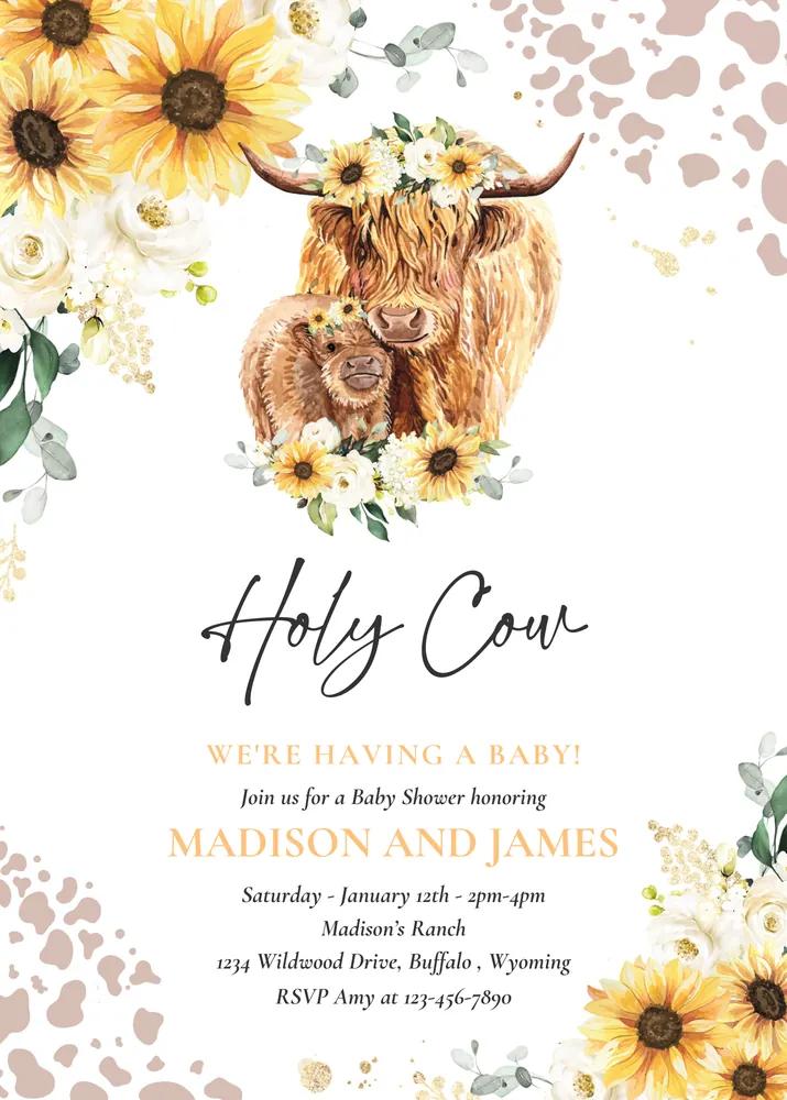 Sunflower Highland Cow Baby Shower Invitation | Editable Canva Template