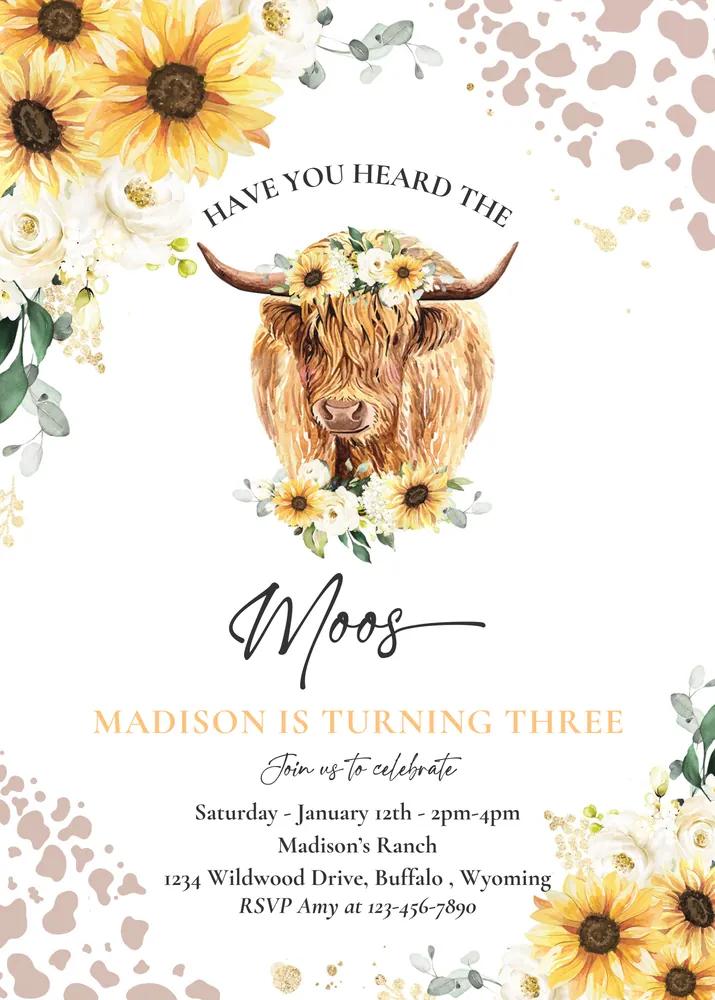 Sunflower Highland Cow Birthday Party Invitation Editable Canva Template