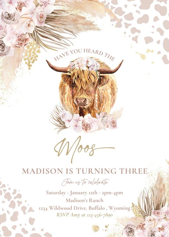 Boho Highland Cow Birthday Invitation | Editable Canva Template Instant Download