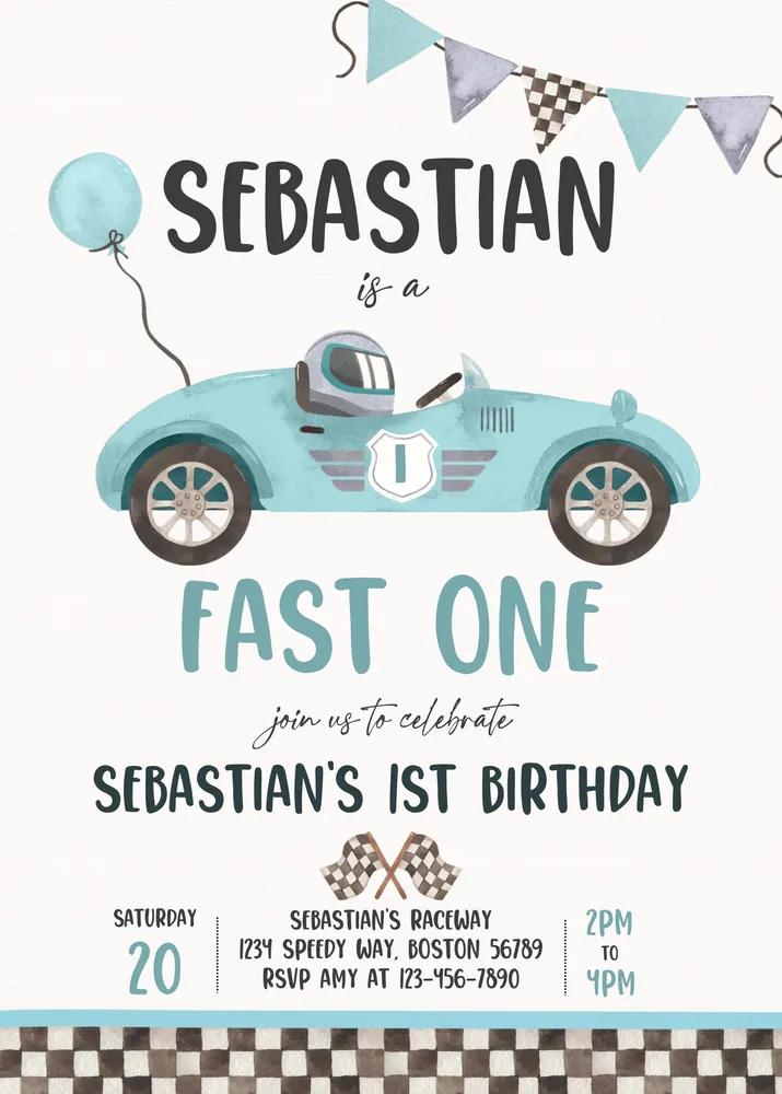 Fast One Race Car 1st Birthday Invitation Vintage Blue Canva Template