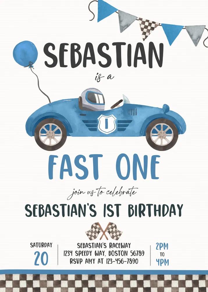 Vintage Green Race Car 1st Birthday Invitation | Fast One Canva Template