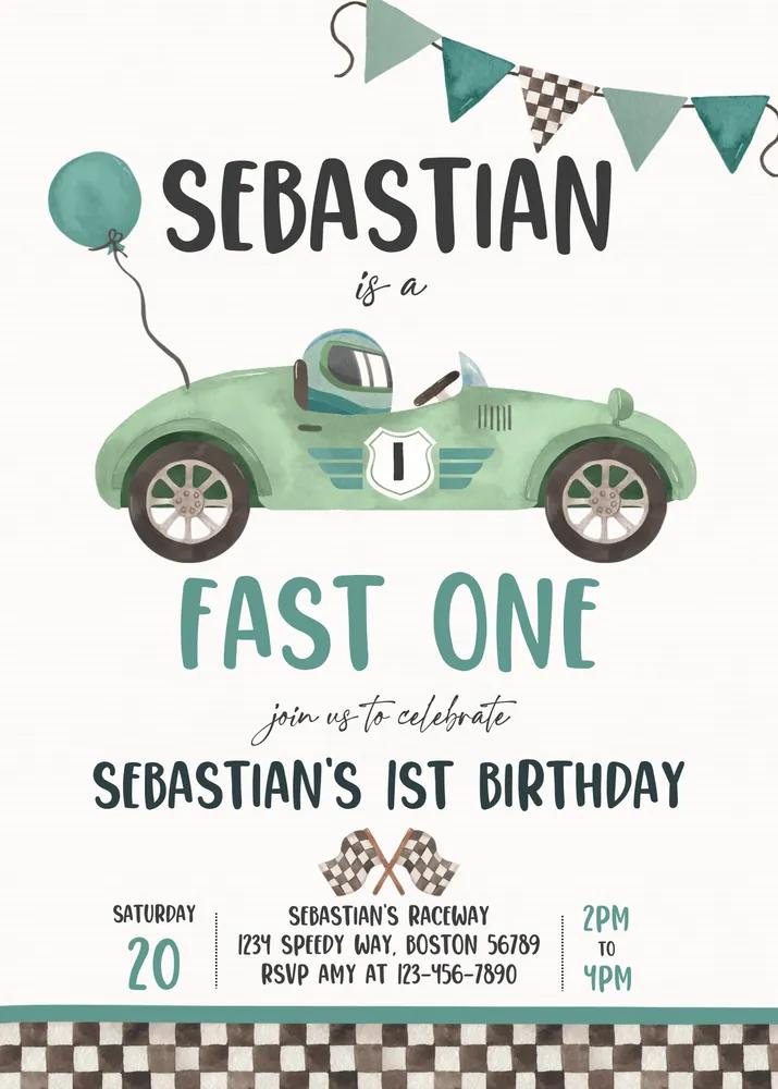 Fast One Race Car 1st Birthday Invitation Vintage Green Editable Canva Template