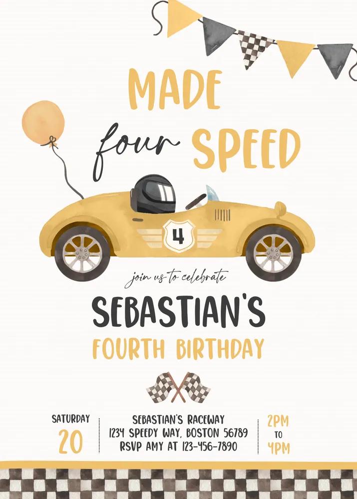 Made Four Speed 4th Birthday Invitation | Vintage Race Car Canva Template