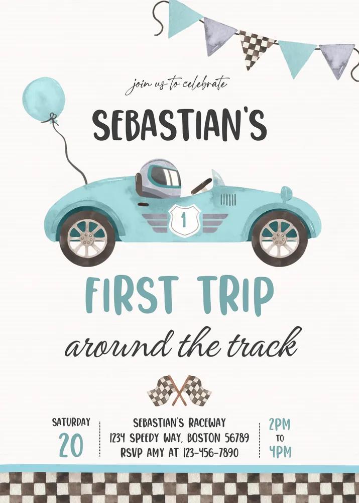 Race Car 1st Birthday Invitation Vintage Red First Trip Around The Track Canva