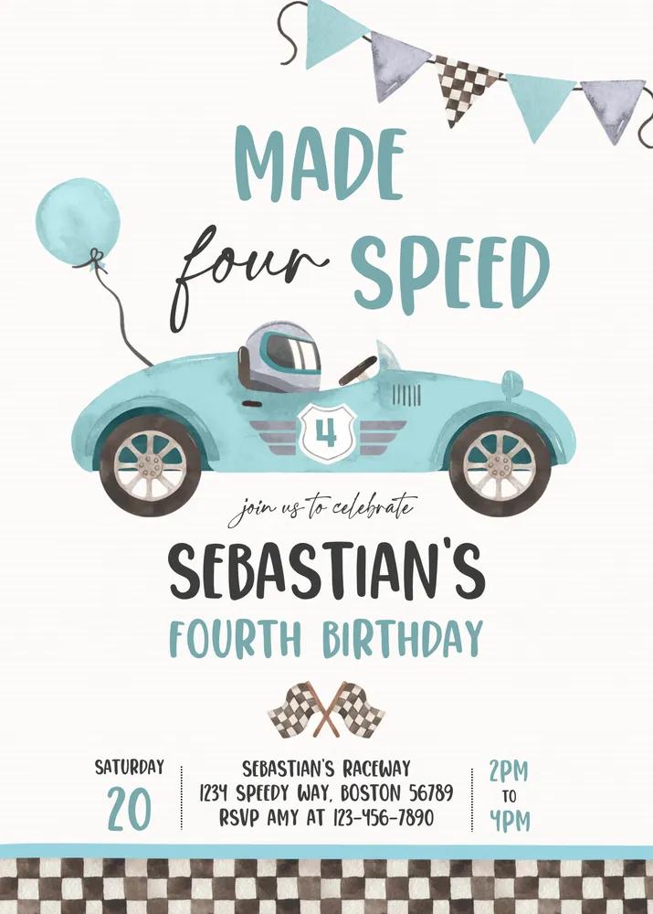 Made Four Speed 4th Birthday Invitation | Blue Vintage Race Car Canva Template