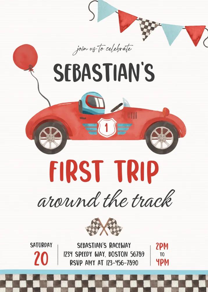 Vintage Race Car 1st Birthday Invitation Canva Template Boy One Trip Around Track
