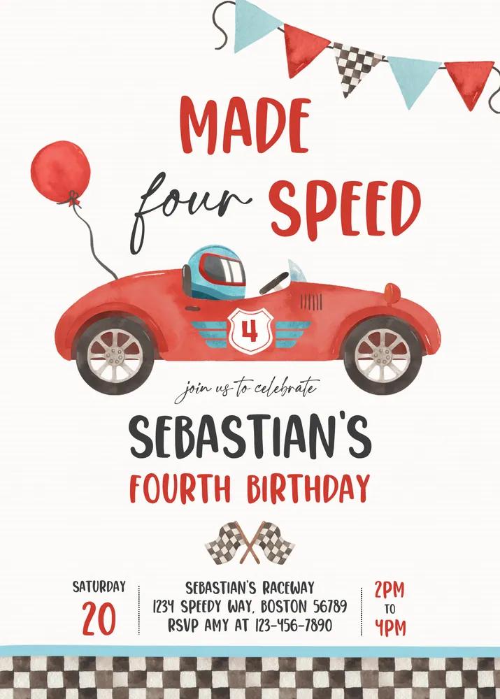Made Four Speed 4th Birthday Invitation - Vintage Red Race Car Canva Template