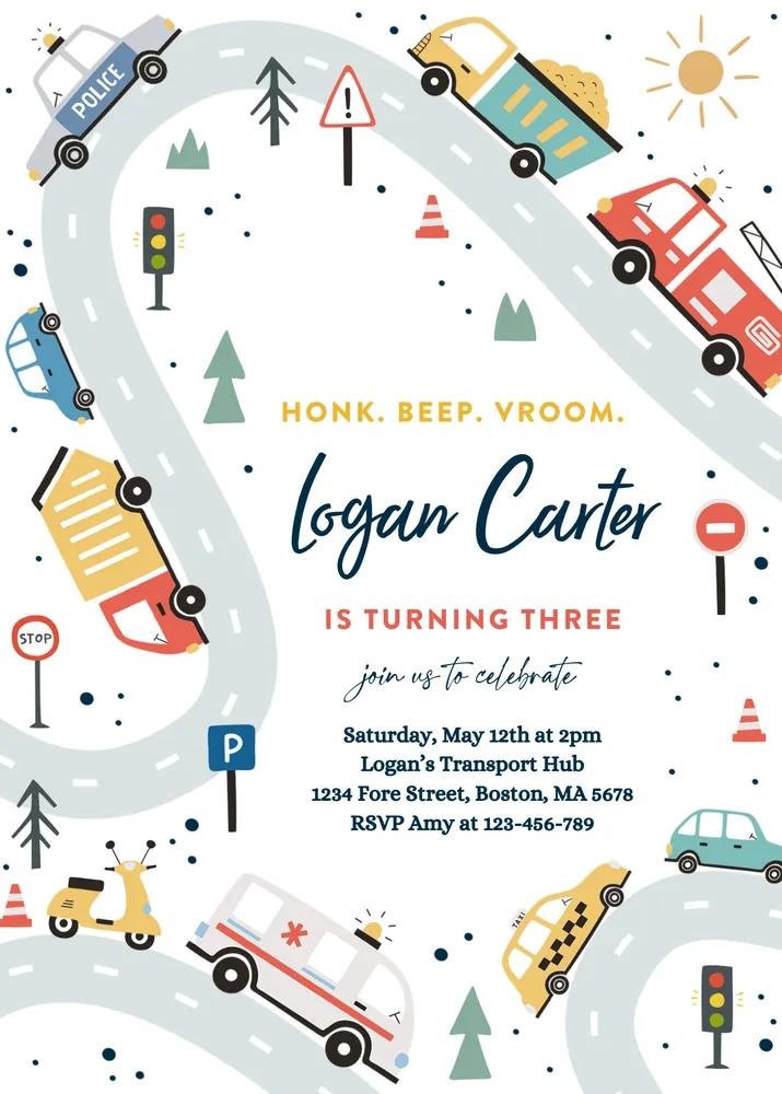Transportation Birthday Invitation | Editable Trucks & Cars Canva Template