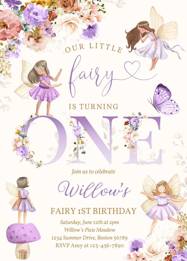Whimsical Wildflower Fairy 1st Birthday Invitation | Editable Canva Template