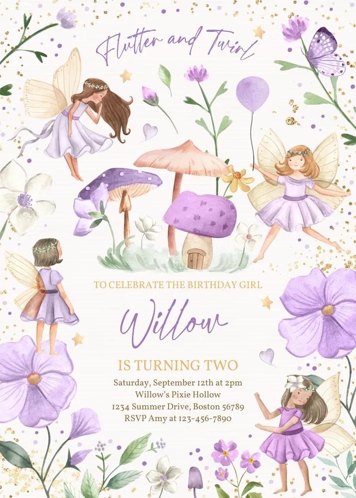 Fairy Birthday Invitation Canva Template - Whimsical Enchanted Pixie Party PDF