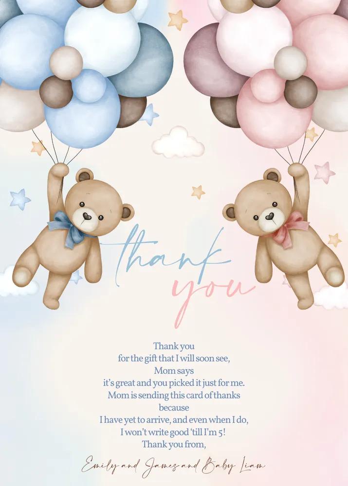 Boho Teddy Bear Gender Reveal Thank You Card Canva Template