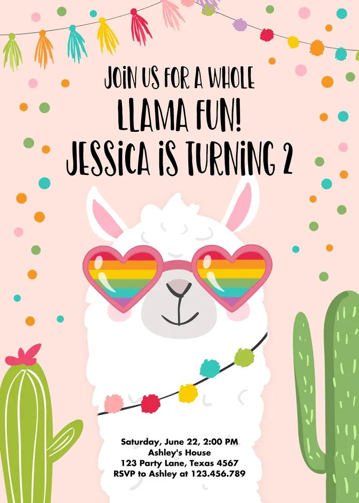 Llama Birthday Invitation Girl, Pink Alpaca Fiesta Canva Editable Template