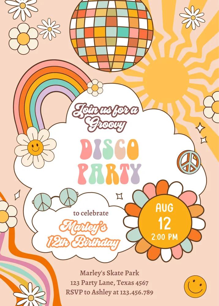 Groovy Disco Birthday Invitation | Retro 70s 80s Boho Girl Canva Template