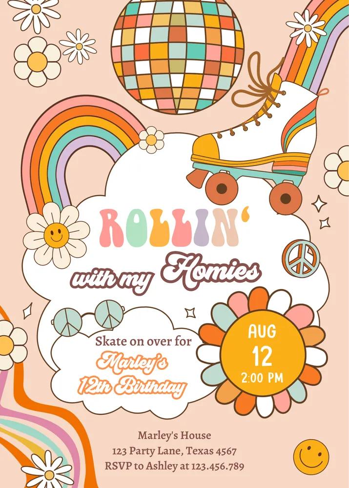 Retro Roller Skate Birthday Party Invitation | Rollin With My Homies Canva