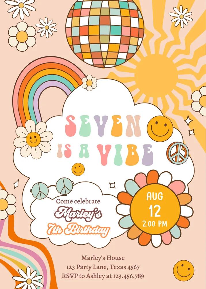 Seven Is A Vibe 7th Birthday Invitation | Groovy Rainbow Canva Template