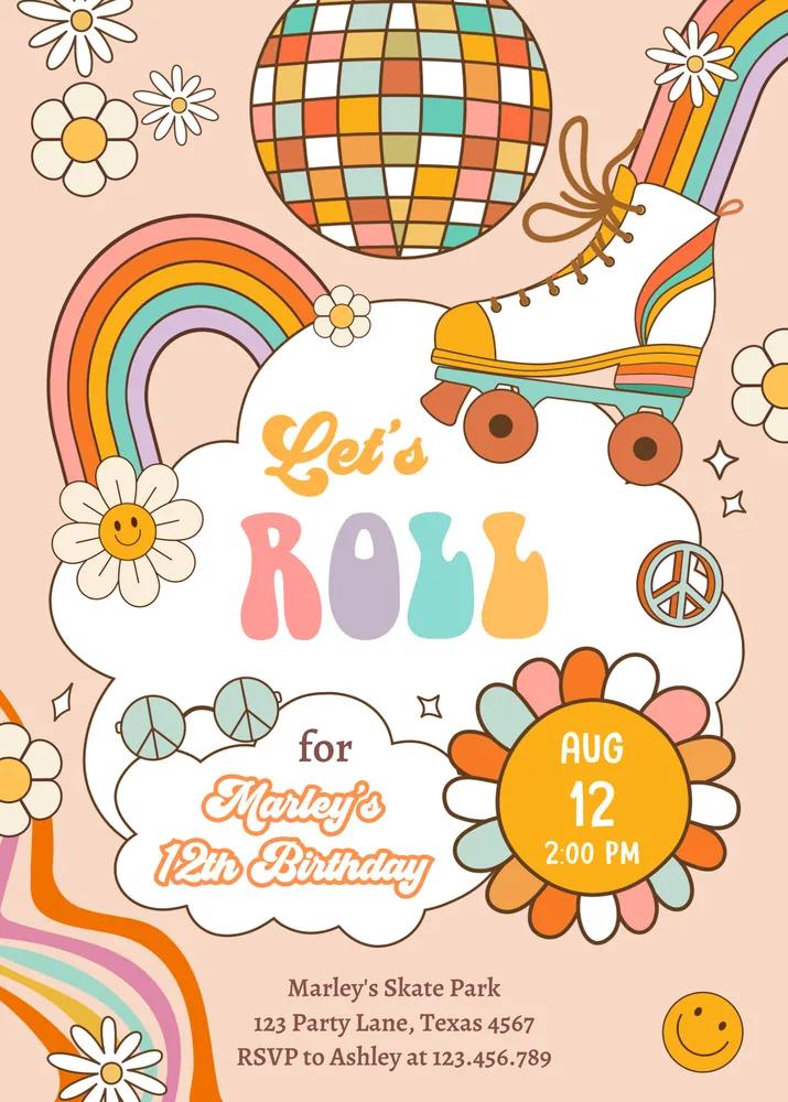 Retro Roller Skate Birthday Party Invitation | Editable Canva Rainbow 70s Invite