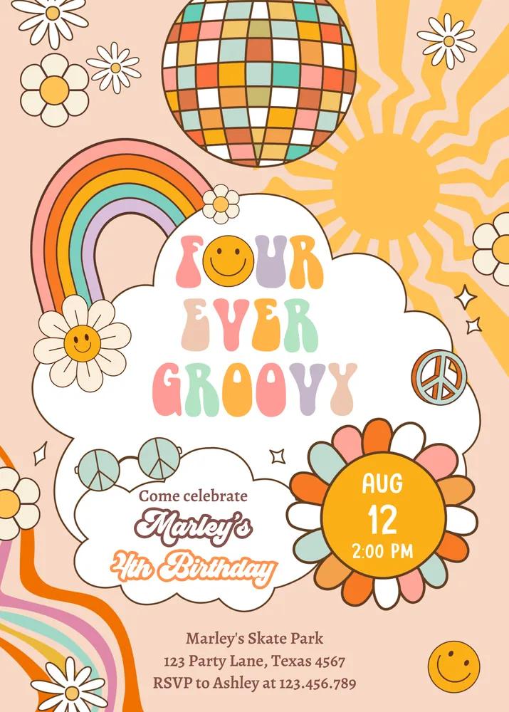 Four Ever Groovy 4th Birthday Invitation | Retro Rainbow Canva Template