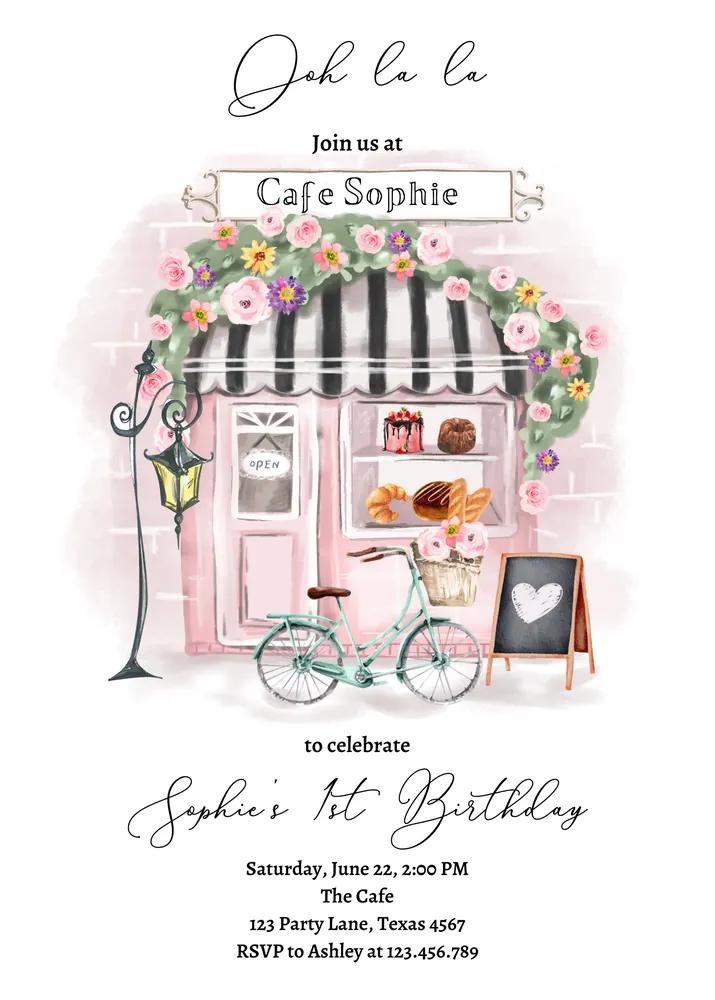 Paris Birthday Invitation Girl Tea Party Pink Floral French Cafe Canva Template