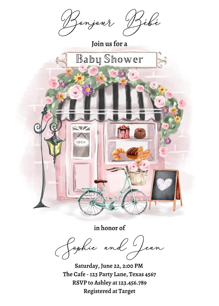 Paris Baby Shower Invitation | Editable Canva Template | Bonjour Bebe Pink Floral