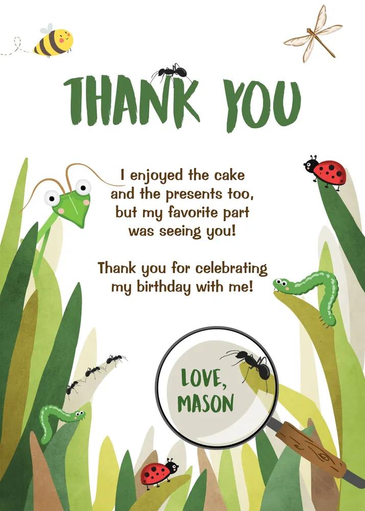 Bug Birthday Thank You Card Editable Canva Template Insect Party Note Printable