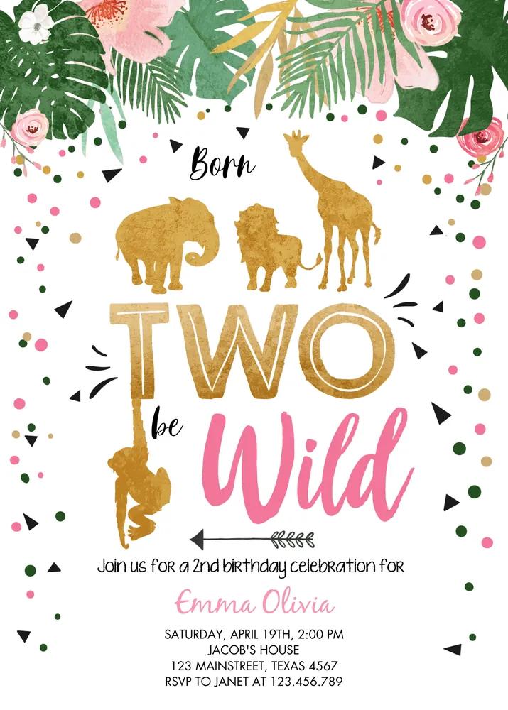 Born Two Be Wild 2nd Birthday Invitation Girl Pink Jungle Safari Canva Template