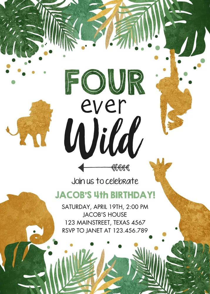 Fourever Wild 4th Birthday Invitation | Safari Animal Canva Template