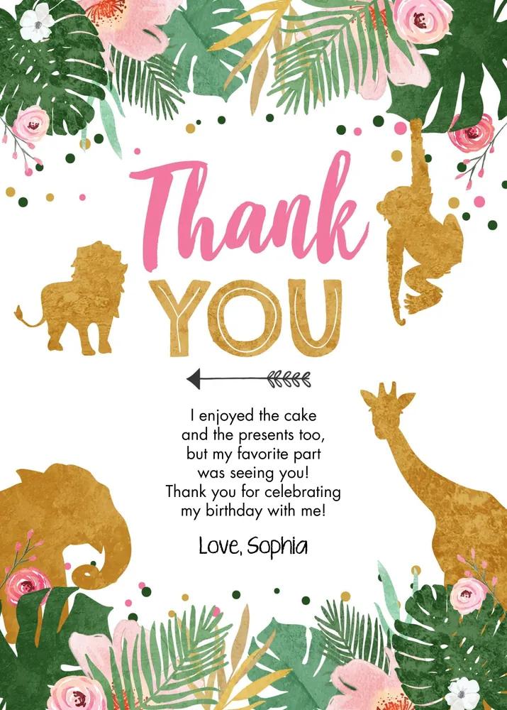 Safari Wild One Girl Thank You Card Template Pink Gold Jungle Zoo Photo