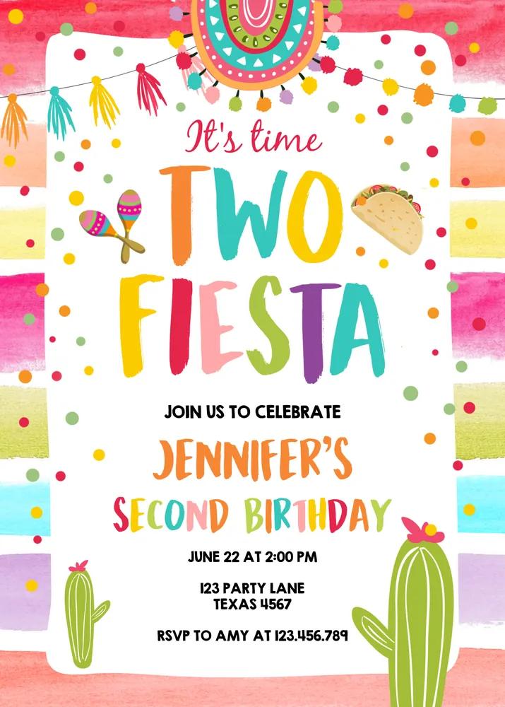Time Two Fiesta 2nd Birthday Invitation | Editable Canva Template
