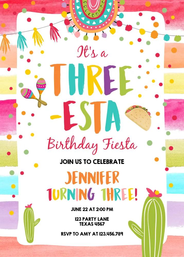 Three-Esta Fiesta 3rd Birthday Invitation | Editable Canva Template Cactus Theme