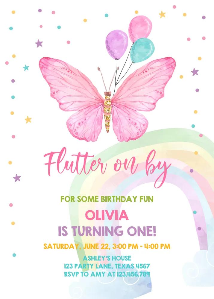 Butterfly Birthday Invitation Garden Floral Pink Gold Girl Canva Template