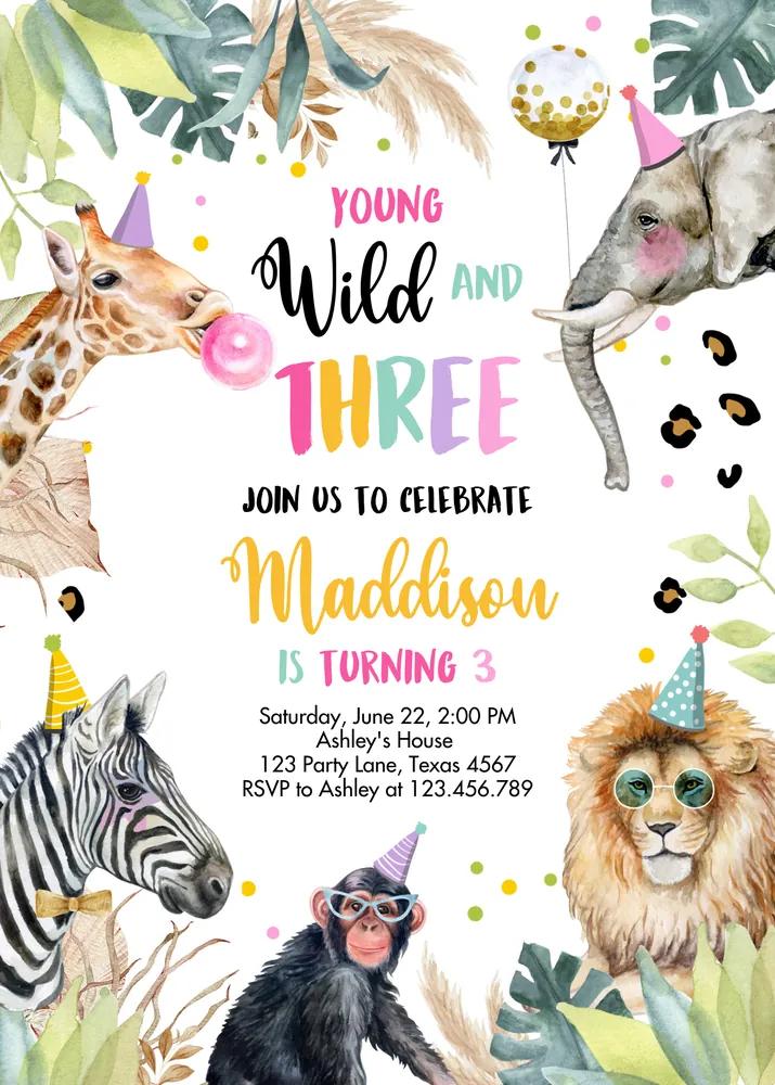 Young Wild and Three Girl Birthday Invitation | Pink Gold Safari Canva Template