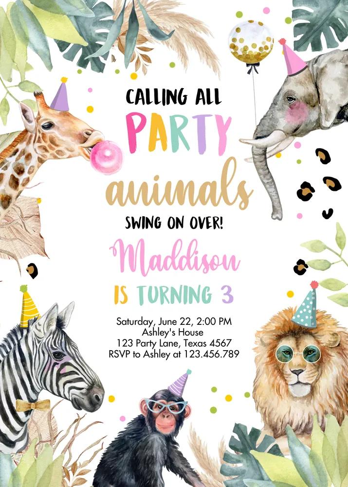 Party Animals Birthday Invitation | Pink Leopard Safari Girl Canva Template