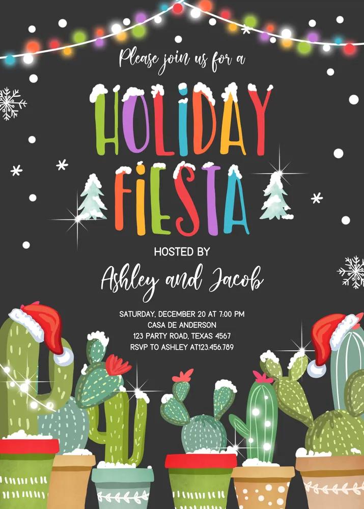 Editable Holiday Fiesta Christmas Invitation Template, Mexican Cactus Xmas Decor