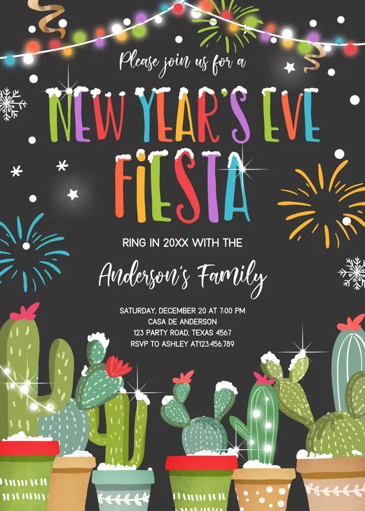 Editable New Years Eve Fiesta Invitation | Cactus Mexican NYE Canva Template