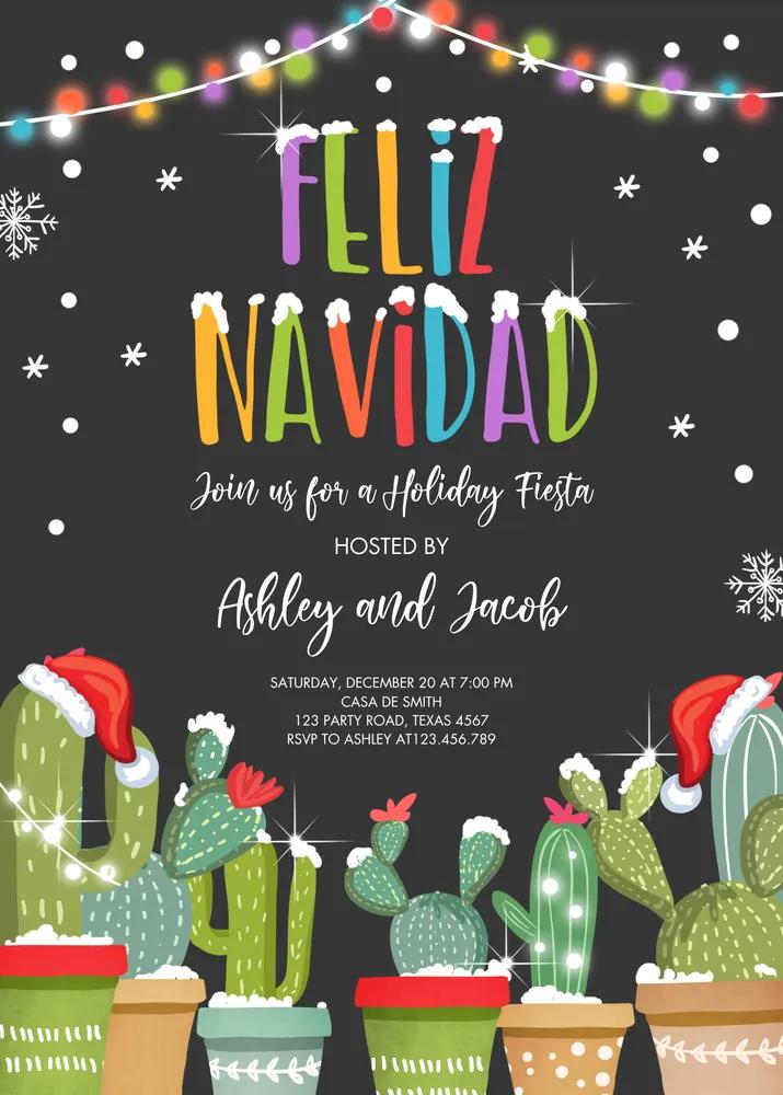 Feliz Navidad Christmas Fiesta Invitation | Editable Cactus Mexican Xmas Template