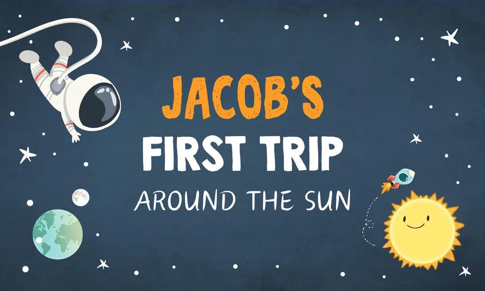 First Trip Around the Sun Astronaut Birthday Backdrop Canva Template