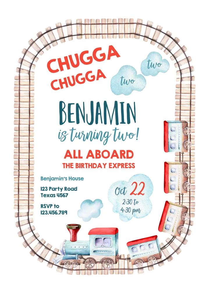 Chugga Chugga Two Two Train Birthday Invitation, Editable Canva Template