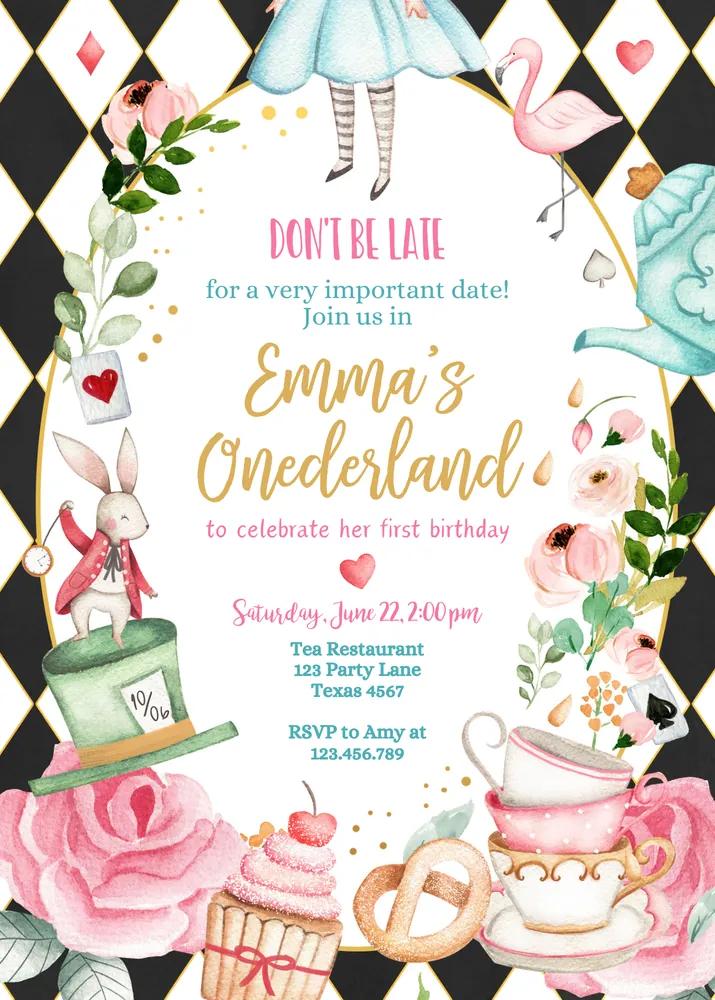 Alice in Wonderland 1st Birthday Invitation | Onederland Tea Party Canva Template